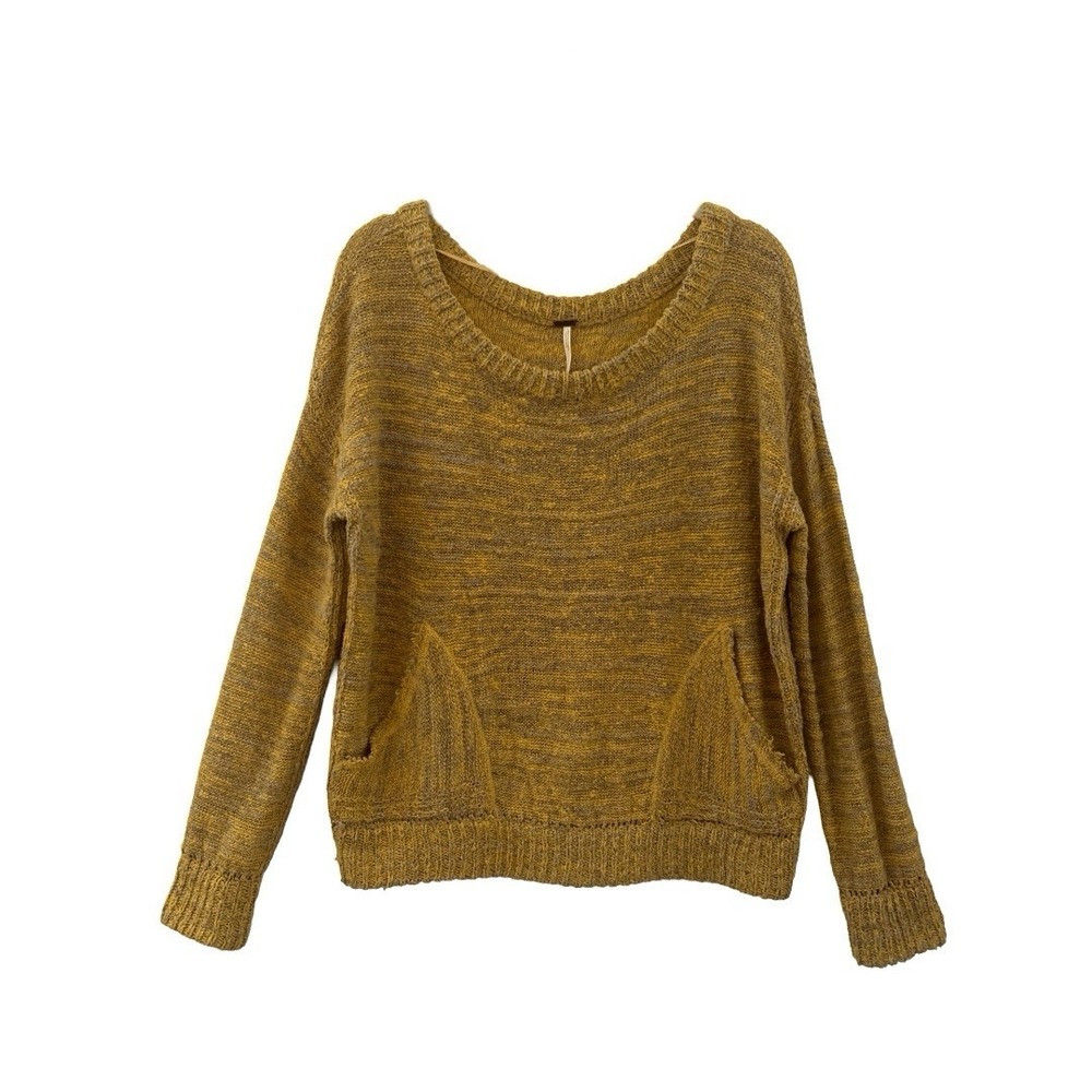 Free People Women's Yellow Grey Knit Sweater Size S Front Pockets Oversized‎